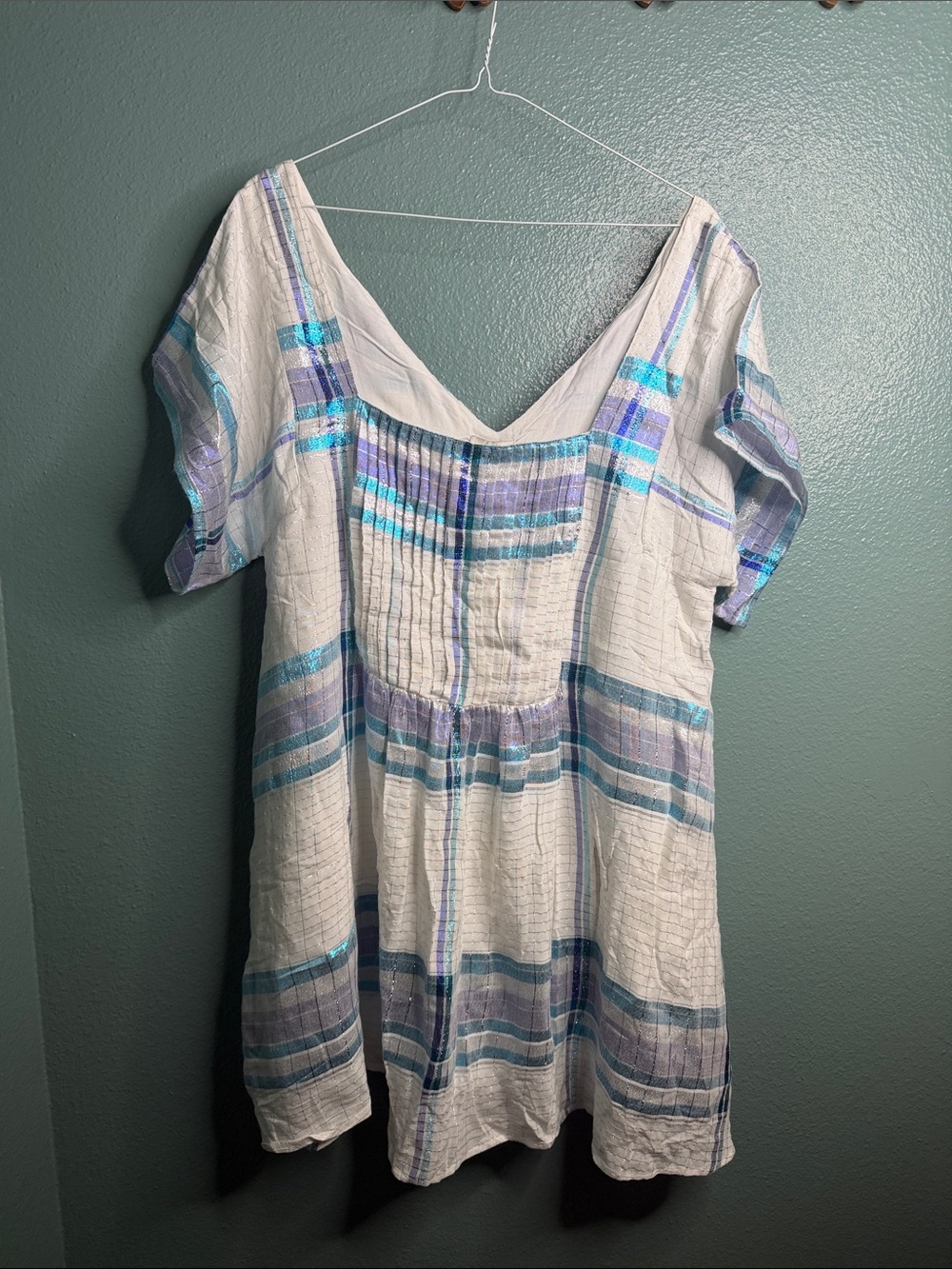 Free People Josie Cream Tunic with Blue and Purple Plaid Stripes